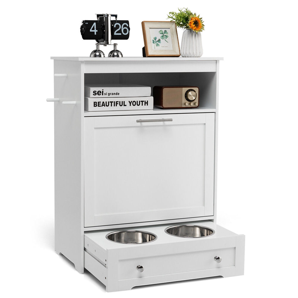 Pet feeder station in white with stainless steel bowls, storage cabinet, and open compartment for pet supplies.