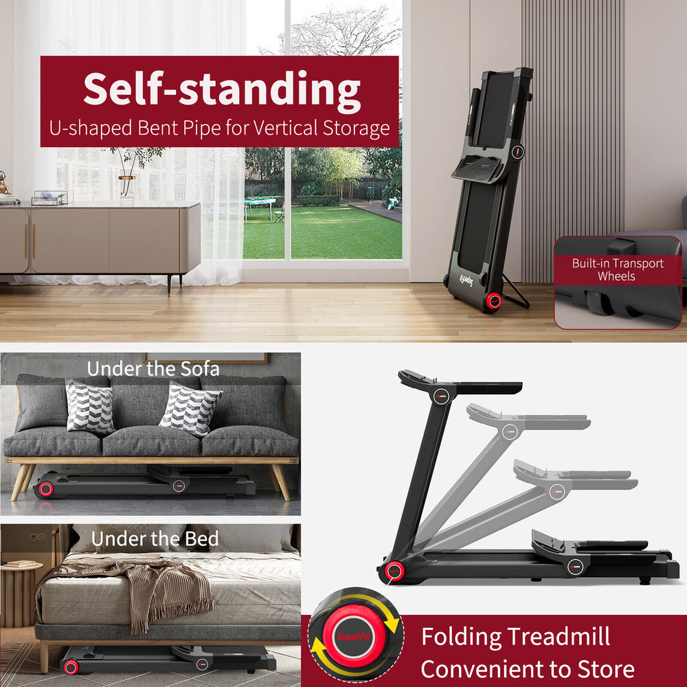 Folding treadmill with U-shaped base, 3.75HP motor, and Bluetooth app connectivity for convenient home workouts.