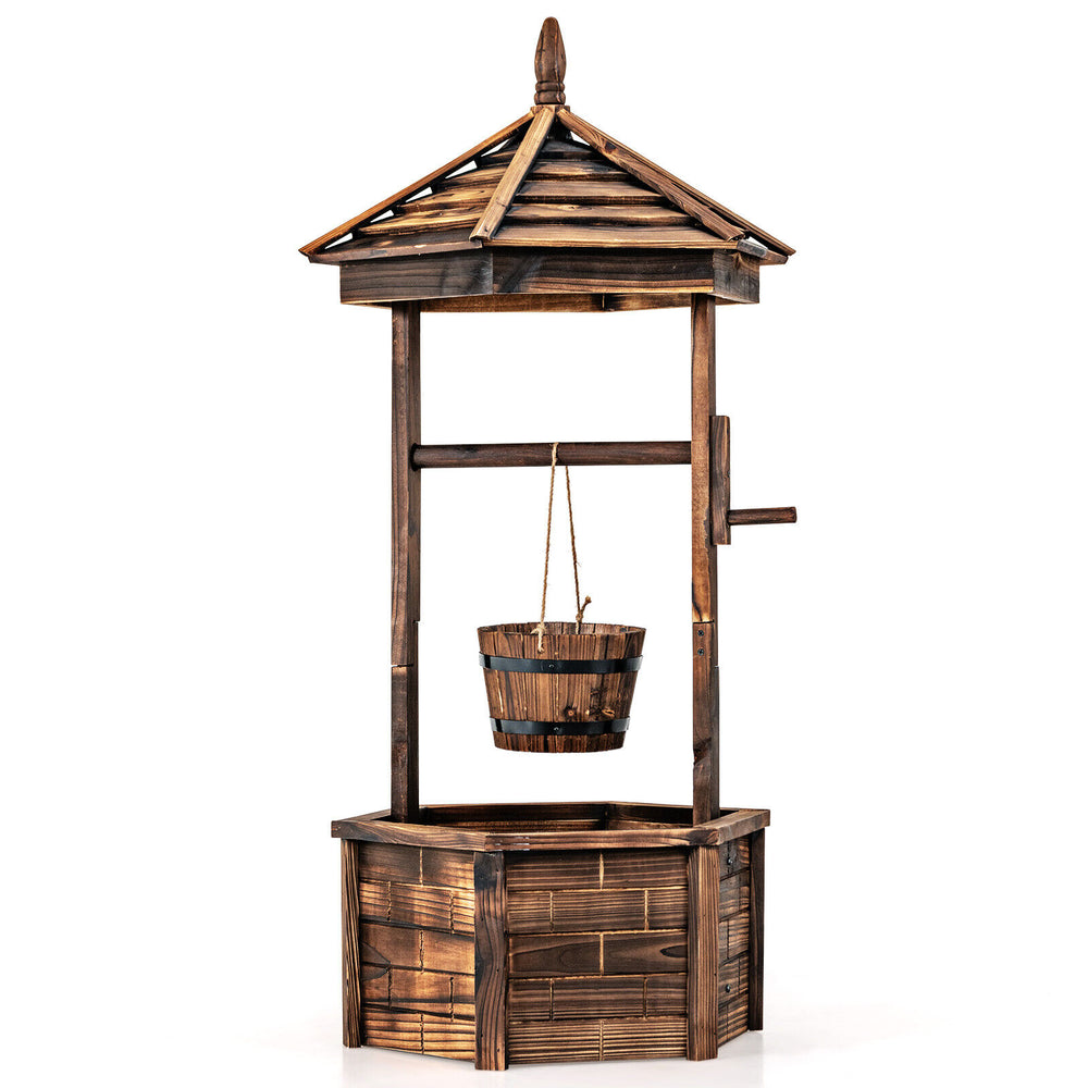 Rustic wooden wishing well planter with adjustable bucket, made from durable carbonized fir wood, ideal for outdoor.
