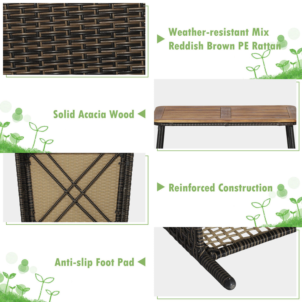 Rectangular coffee table with reddish brown PE rattan and acacia wood top, perfect for outdoor patio use.