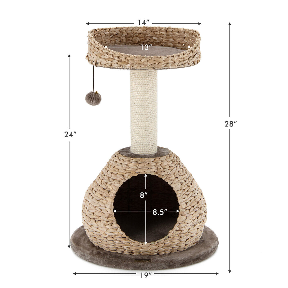 Hand-made 28-inch cat tree tower in coffee with water hyacinth, sisal post, and detachable soft cushions for comfort.