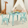 Kids square steel table in blue with two chairs, perfect for play and learning activities in home or nursery.