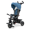 Close-up of the blue 4-in-1 baby tricycle's adjustable push handle and ergonomic seat for comfortable rides.