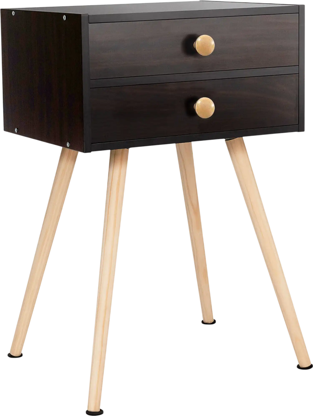 Mid Century Modern nightstand with two drawers in natural-coffee finish, featuring solid wood legs for stability.