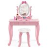 Pink kid vanity table set with oval rotatable mirror, sturdy MDF, spacious storage, perfect for little girls' playtime.
