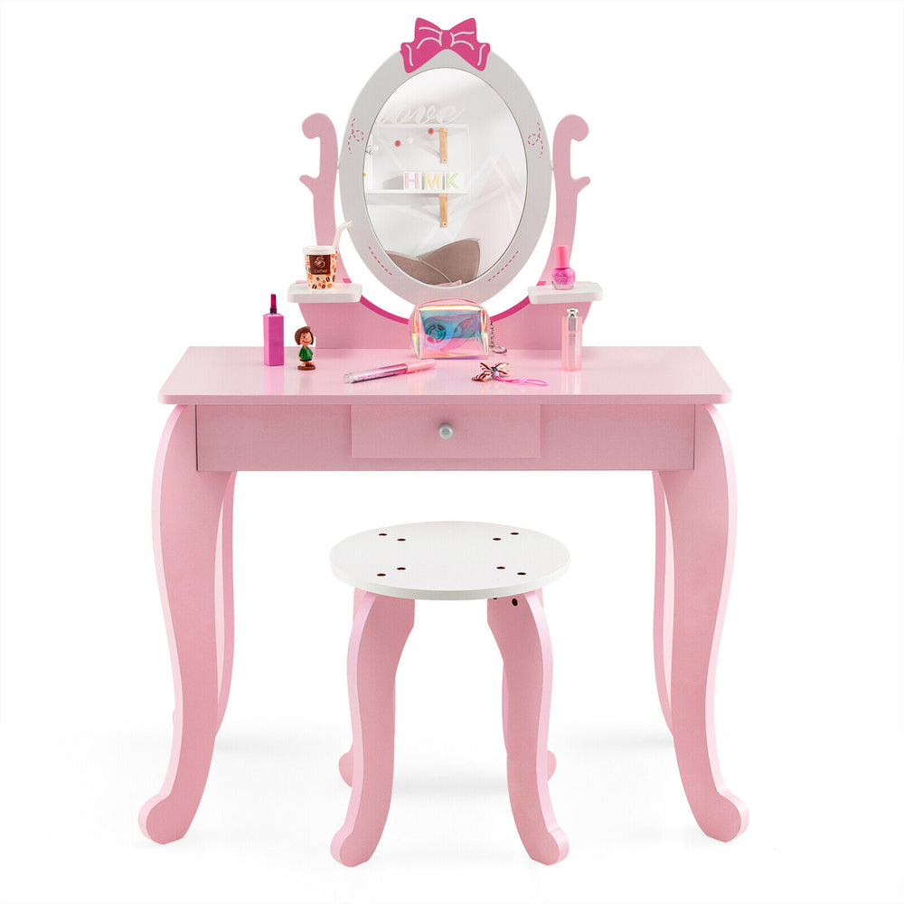Pink kid vanity table set with oval rotatable mirror, sturdy MDF, spacious storage, perfect for little girls' playtime.