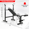 Adjustable weight bench and barbell rack set with dimensions, featuring heavy-duty metal structure for stability and.