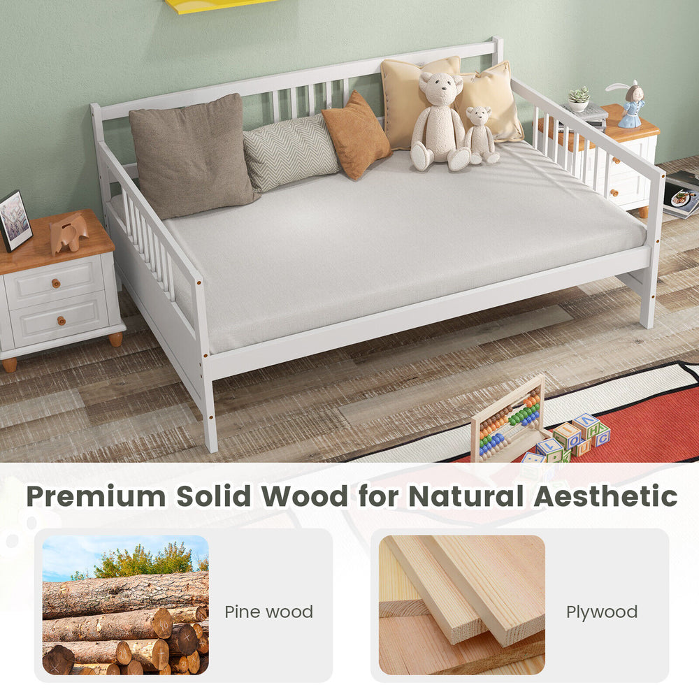 Wooden full-size daybed frame in white with guardrails, made of solid pine wood, ideal for bedrooms and living rooms.