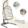 Hanging wicker egg chair with stand in beige, made of weather-resistant PE rattan and anti-rust steel frame for indoor.
