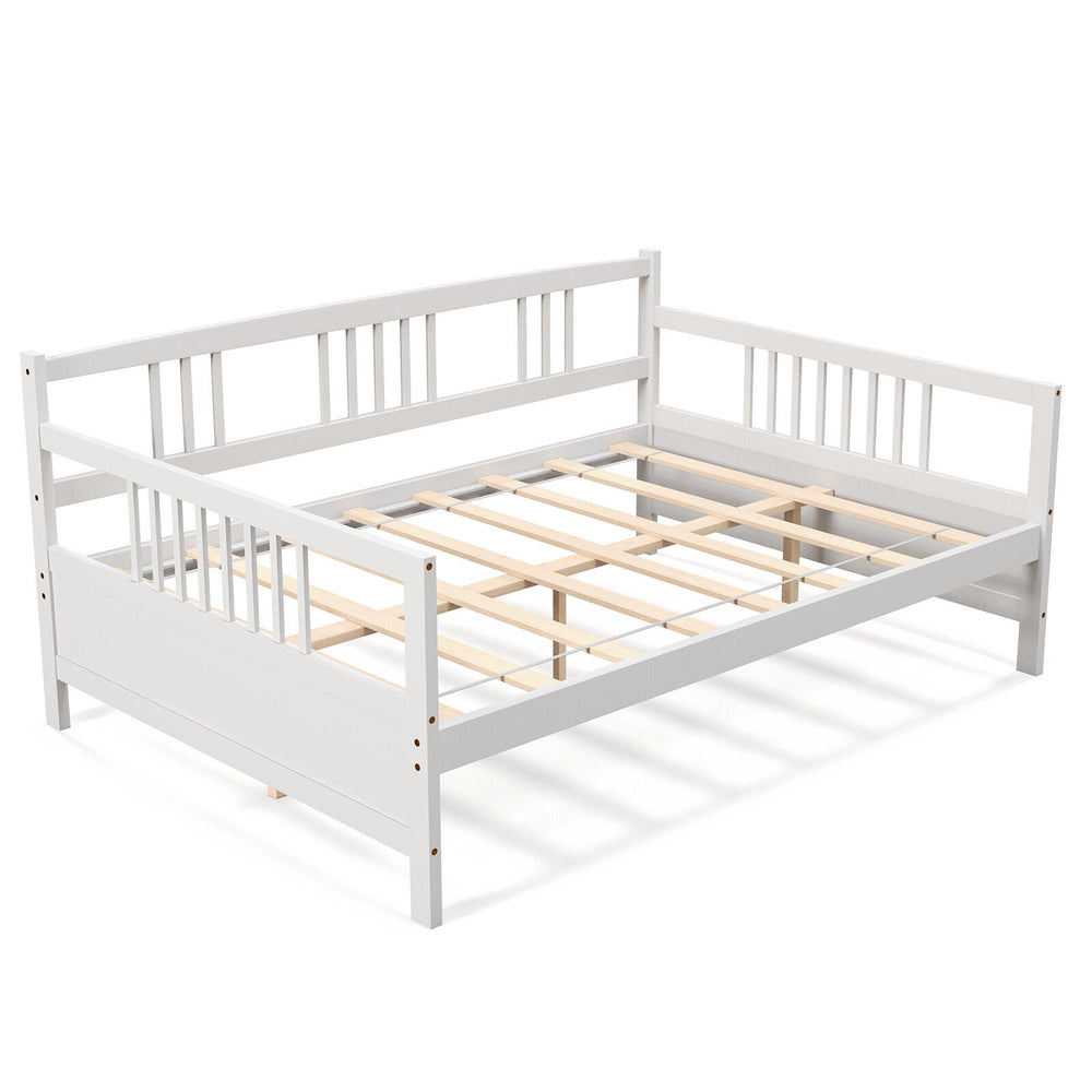 White wooden full-size daybed frame with guardrails, featuring a stable structure and ample under-bed storage.