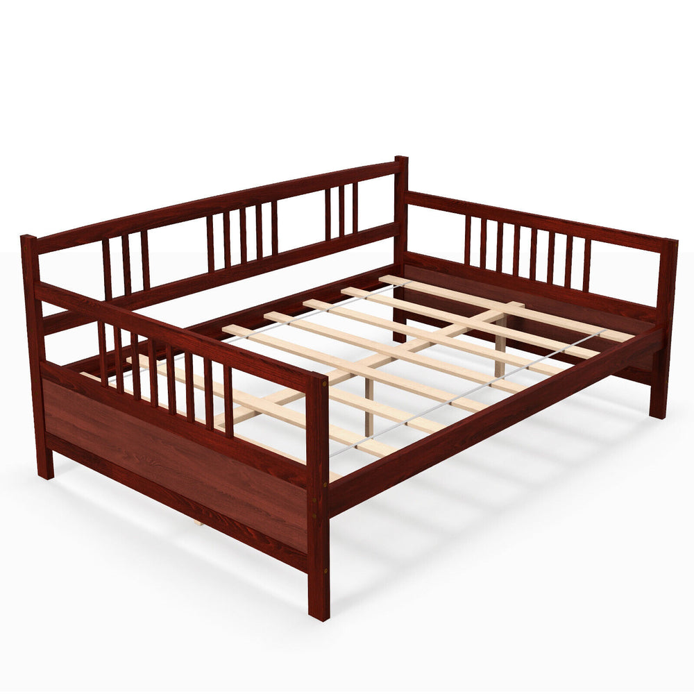 Classic Wooden Full Size Daybed Frame with Guardrails-Brown - Gallery View 1 of 12