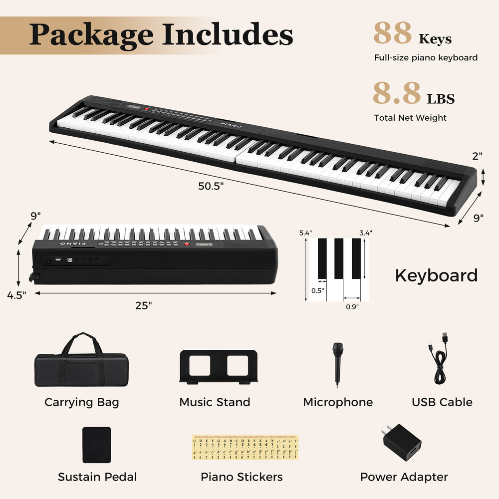 88-key foldable piano keyboard in black with semi-weighted keys, portable design, and included accessories for easy.