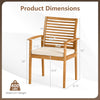 Dimensions chart for outdoor patio dining chair with acacia wood frame, slatted backrest, and removable cushion details.