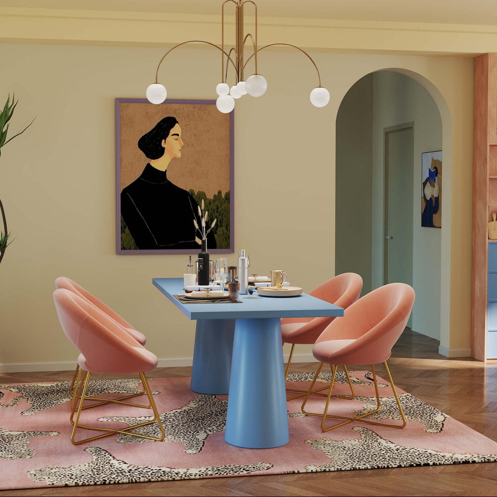 Modern pink velvet accent chairs with golden legs and height-adjustable bar stools, perfect for dining or kitchen.