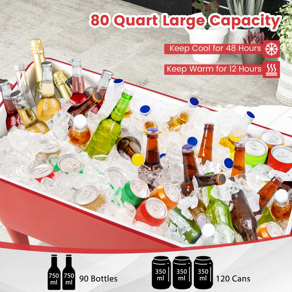 Red portable outdoor patio cooler cart with 80 quart capacity, keeping drinks cool for 72 hours, ideal for gatherings.