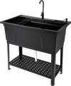 Freestanding 100L utility sink in black with rotating faucet and storage shelf, ideal for laundry and gardening tasks.