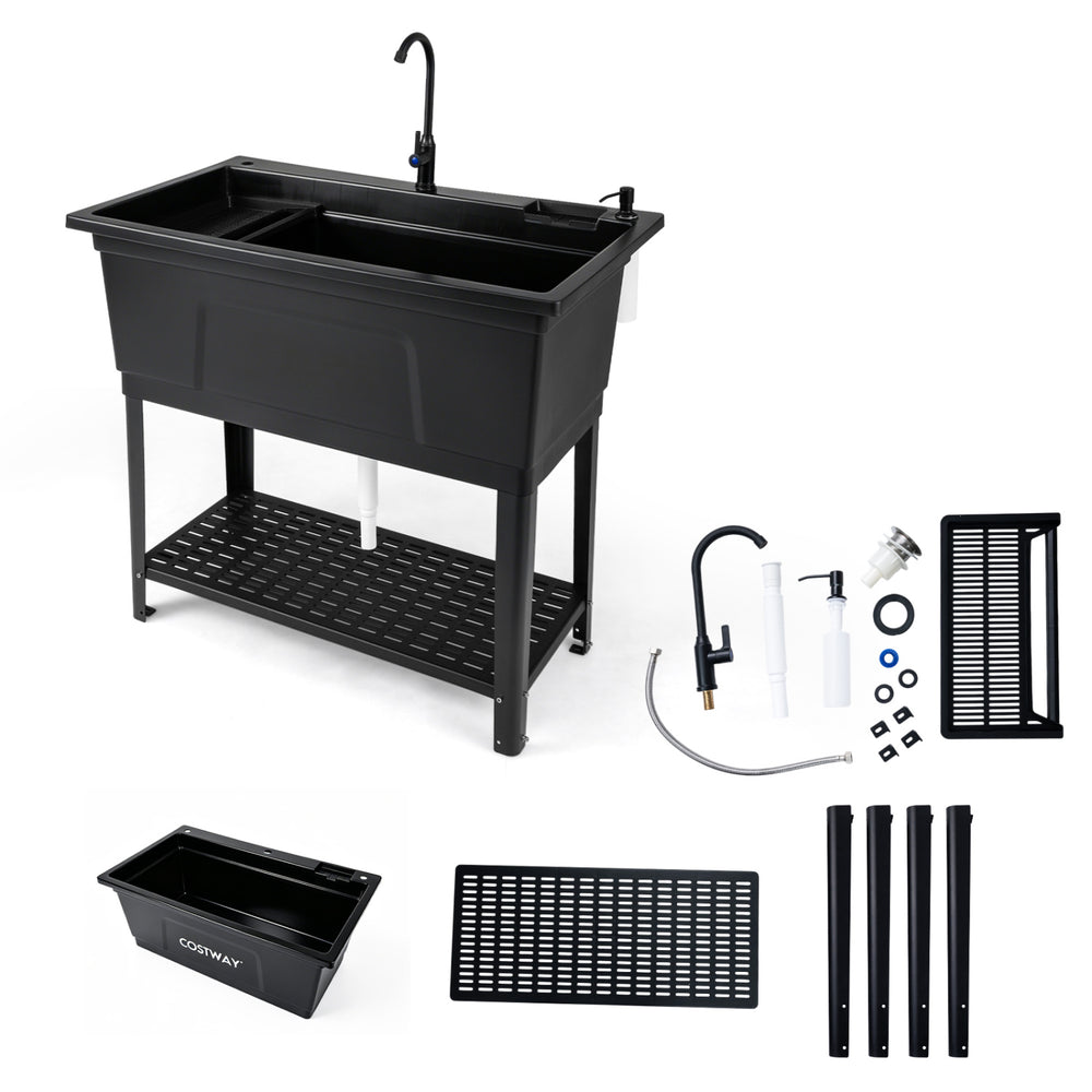 Freestanding 100L utility sink in black with rotating faucet, storage shelf, and drainage system for laundry and.
