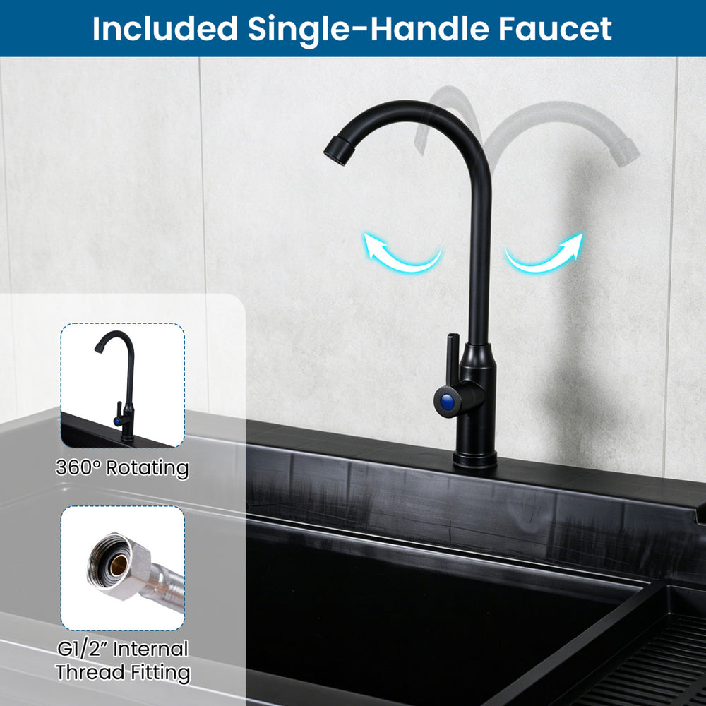 Single-handle black faucet with 360° rotation for the 100L utility sink, ideal for laundry and gardening tasks.