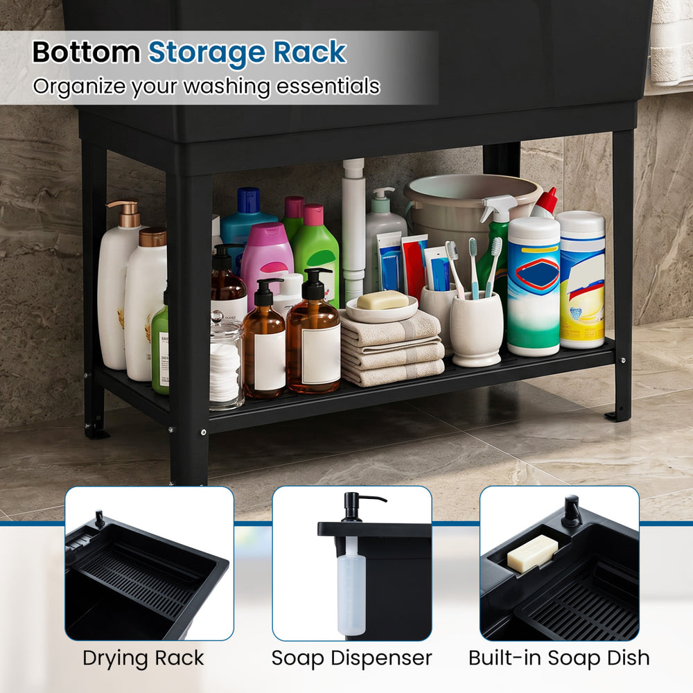 Bottom storage rack of the 100L utility sink, featuring organized washing essentials and a removable drying rack.