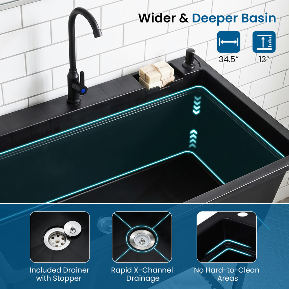 Black 100L utility sink with rotating faucet, wider and deeper basin, ideal for laundry and gardening tasks.