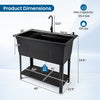 Utility sink with rotating faucet and storage shelf, featuring a 100L capacity and X-channel drainage for efficient use.