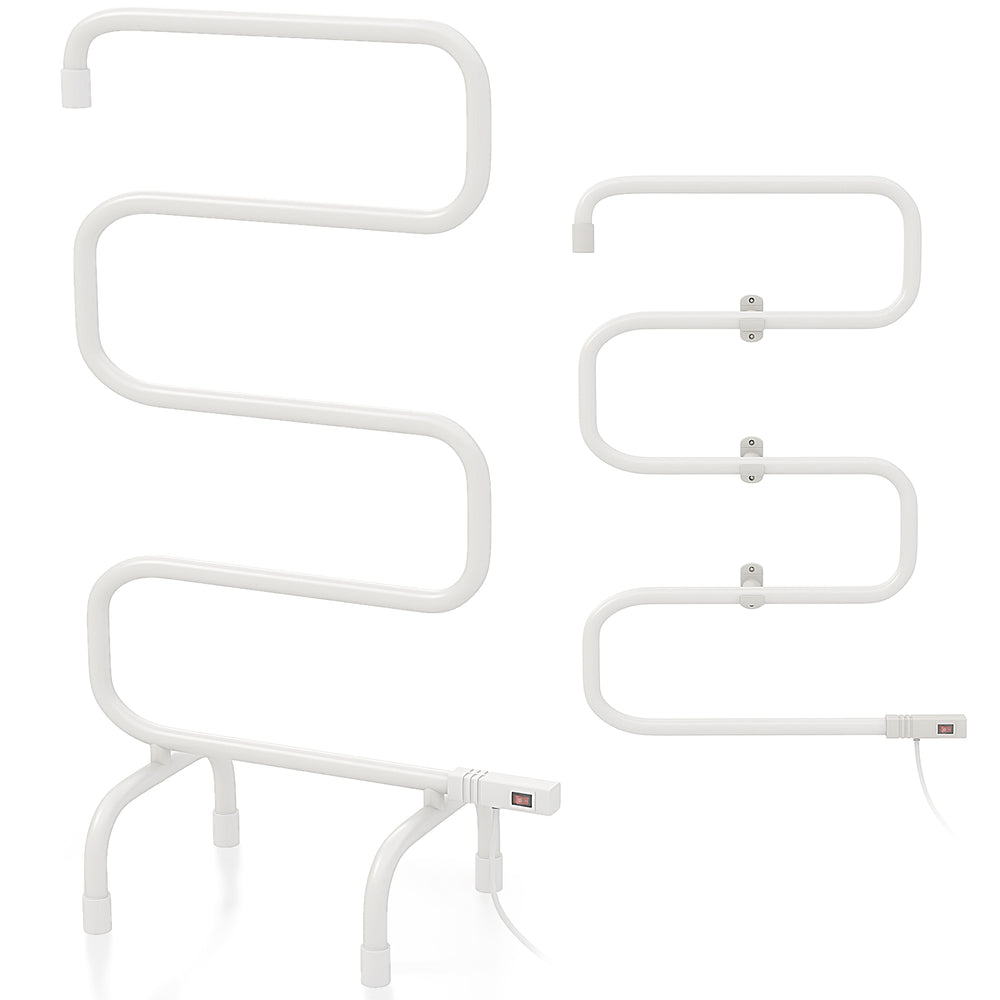 Electric towel warmer drying rack with S-shaped design, 5 rods, and detachable legs for efficient space-saving use.