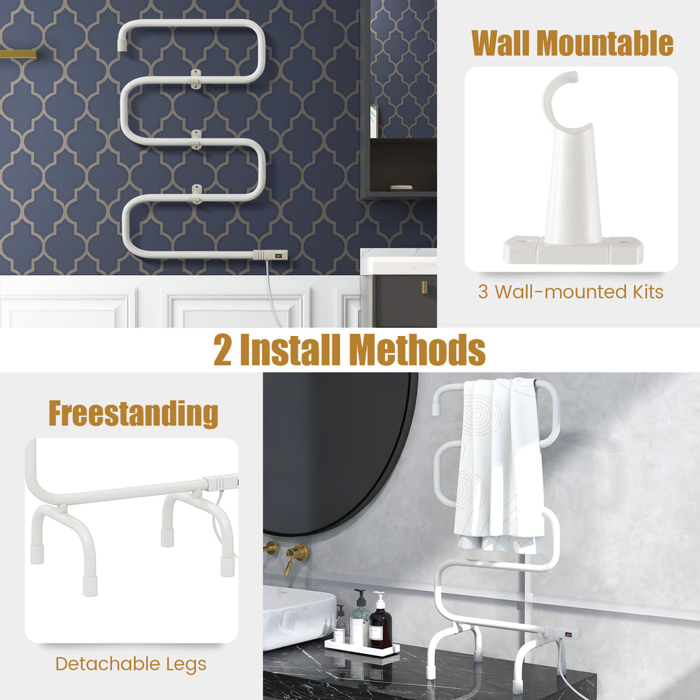 Electric towel warmer drying rack with S-shaped design, featuring wall mount and freestanding options for versatile use.