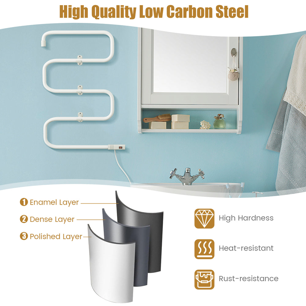 Electric towel warmer drying rack with 5 rods, low carbon steel construction, and sleek S-shaped design for small.