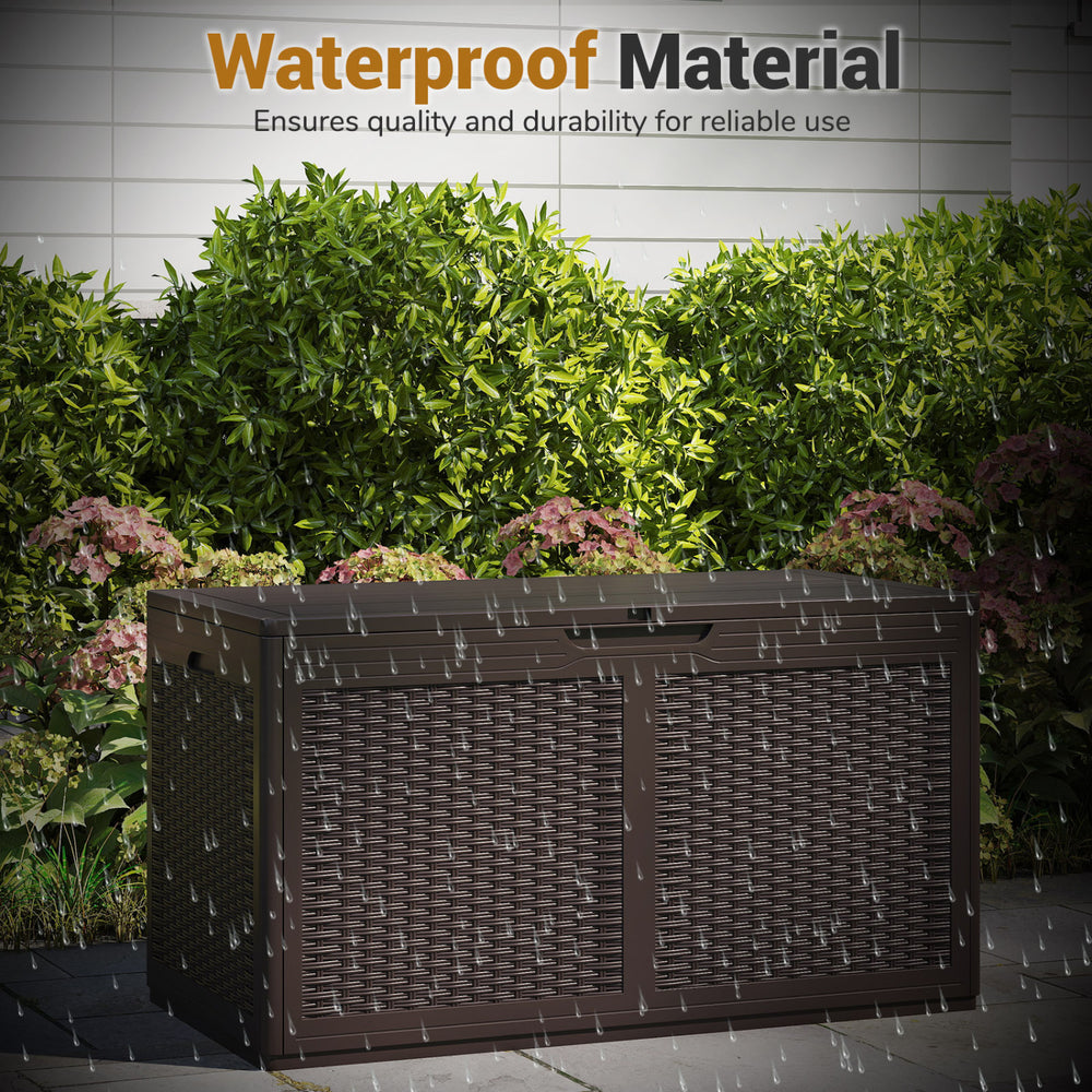 Brown 100-gallon resin deck box with rattan texture, waterproof design for outdoor storage and seating.