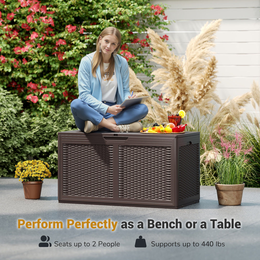 Brown 100-gallon resin deck box with rattan texture, serving as a bench or table, supports up to 440 lbs for outdoor.