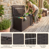 Large 100-gallon brown resin deck box with faux rattan texture, ideal for outdoor waterproof storage and seating.