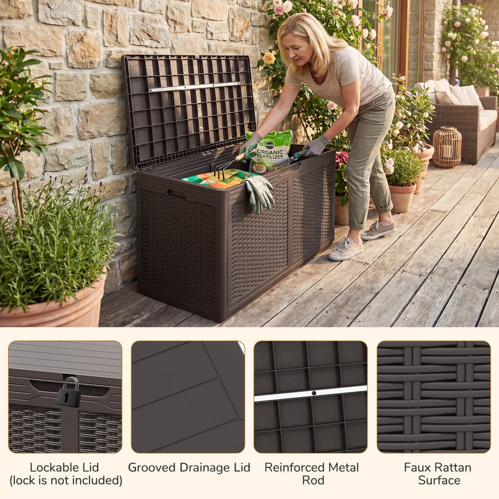 Large 100-gallon brown resin deck box with faux rattan texture, ideal for outdoor waterproof storage and seating.
