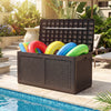 Brown 100-gallon resin deck box with colorful pool floats, ideal for outdoor waterproof storage and extra seating.