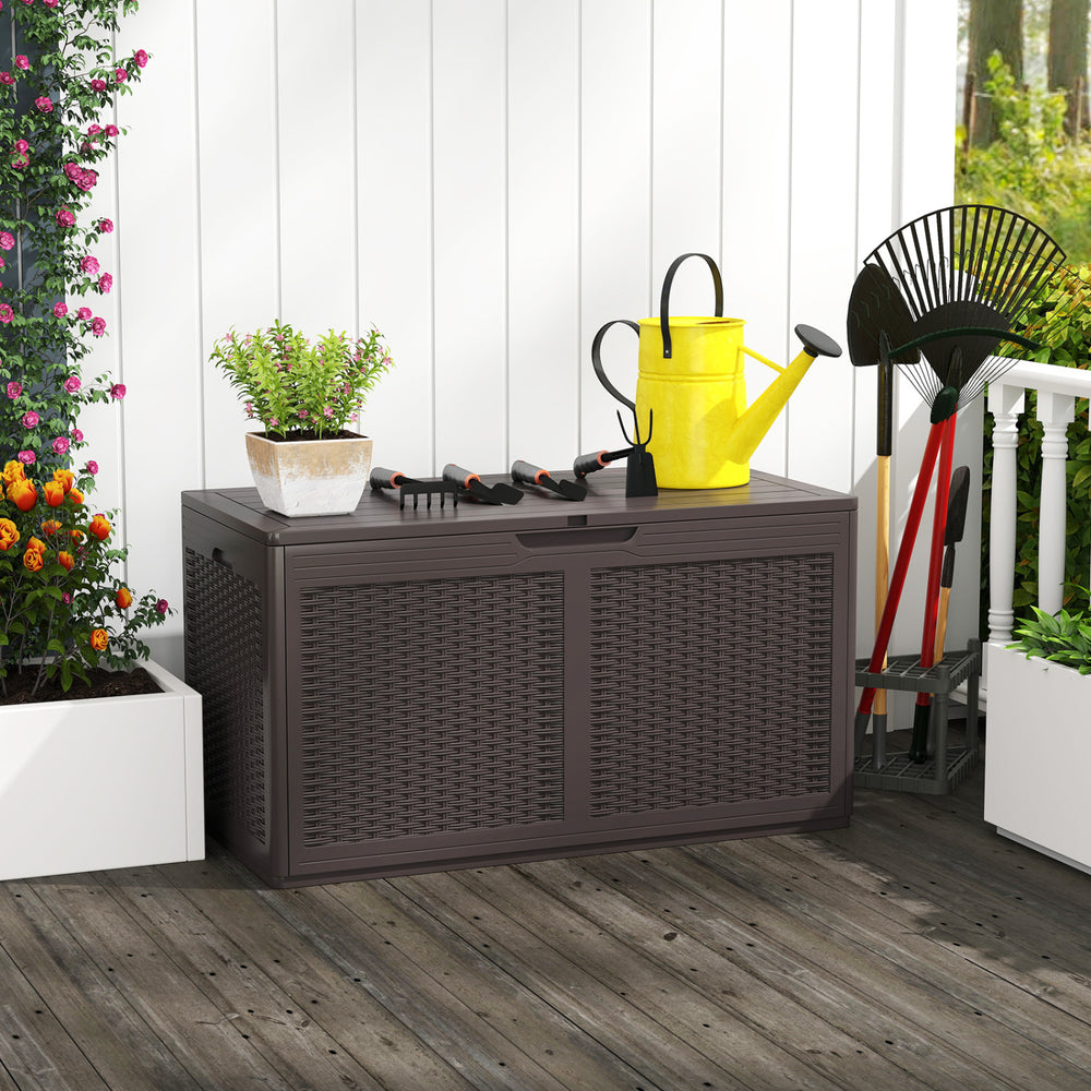 Brown 100-gallon resin deck box with rattan texture, ideal for outdoor storage and seating, featuring wheels for easy.