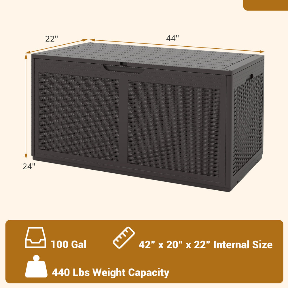 Brown 100-gallon resin deck box with rattan texture, waterproof design, and dual function as a storage bench.