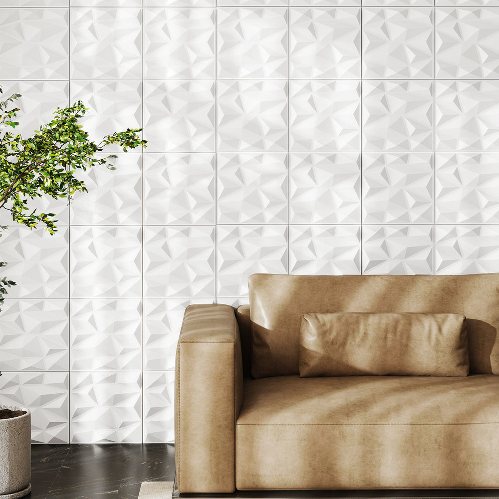 3D white PVC wall panels with diamond accents, perfect for DIY interior decoration in living rooms or bedrooms.