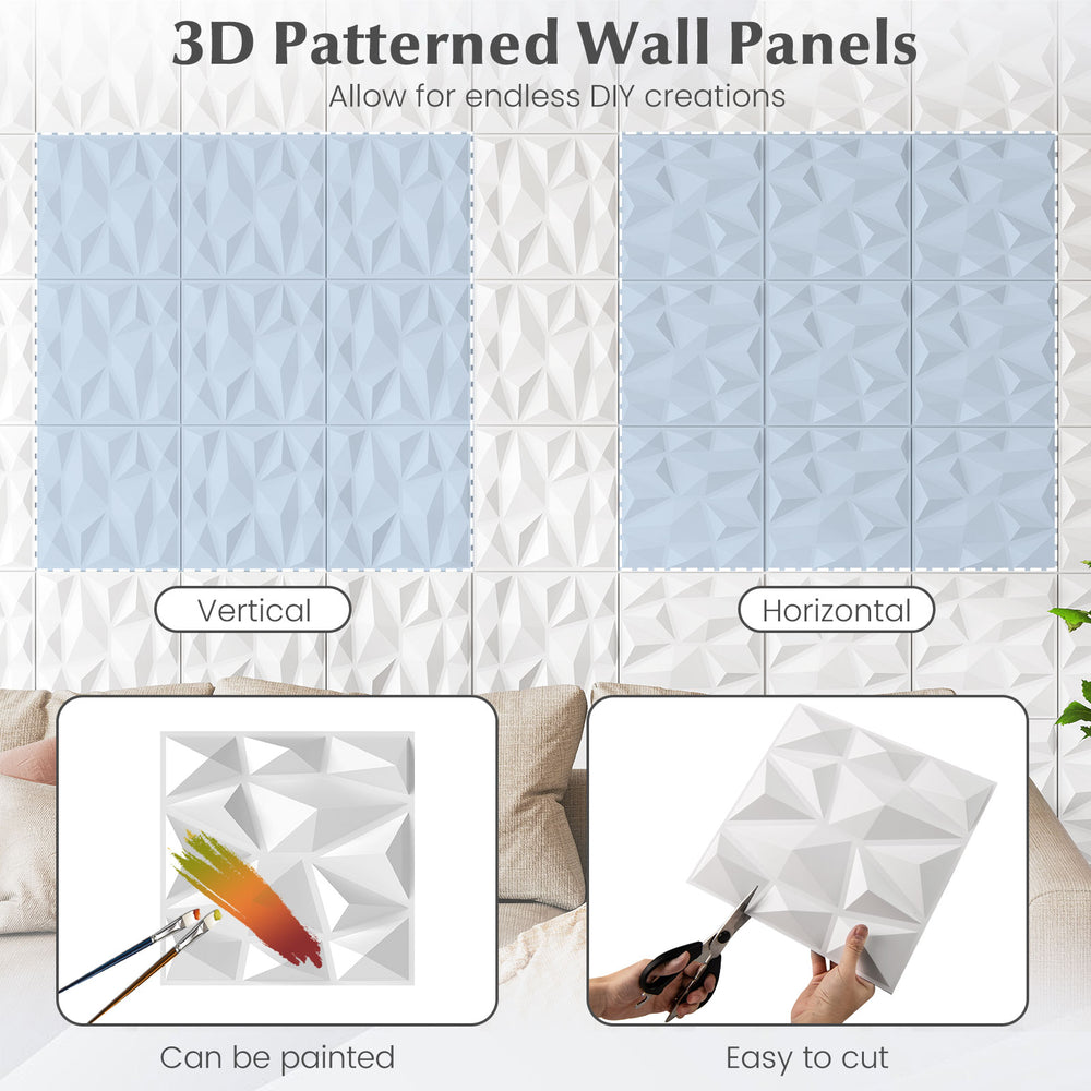 3D patterned white PVC wall panels, 12" x 12", easy to cut and paint, ideal for DIY home decoration projects.