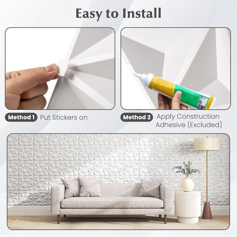 3D wall panels in white PVC, showcasing installation methods for easy DIY decoration in living rooms or offices.