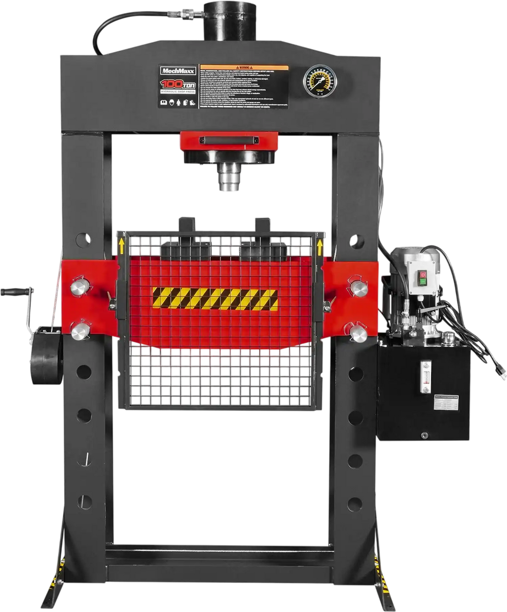 100 Ton H-Frame Electric Hydraulic Shop Press with Hand Winch, 110V Motor, Fully Welded Steel Frame, Safety Guard, HSP100E