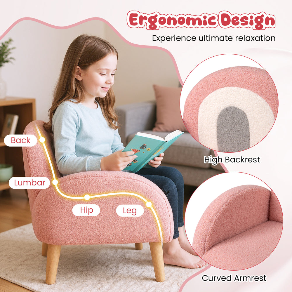 Kids armchair in pink with comfy backrest and armrests, covered in soft teddy fleece for ultimate relaxation.