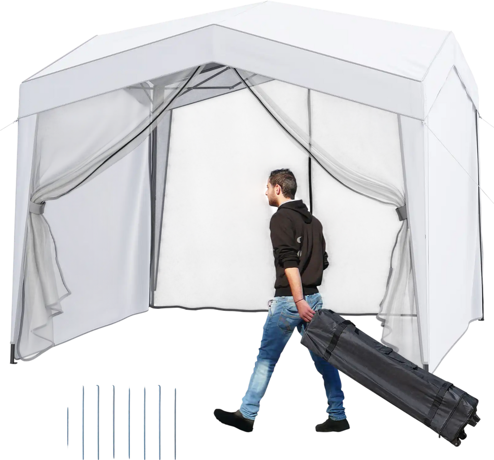 Pop up canopy tent with 4 sidewalls and mesh netting, portable wheeled bag for outdoor events and protection.
