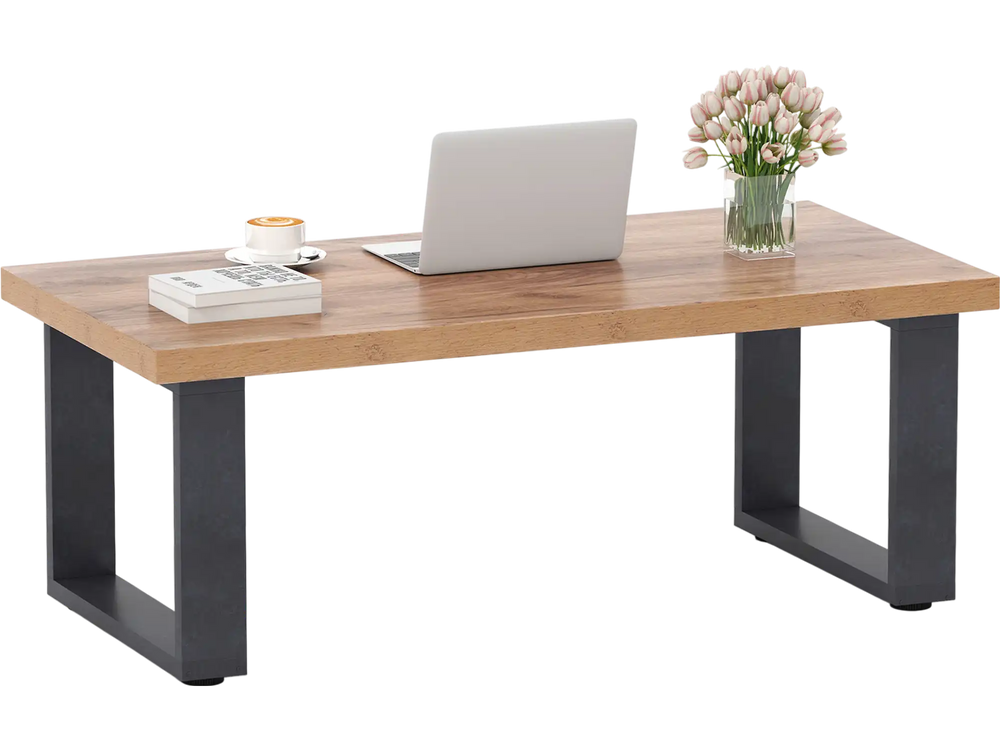 Rustic 47" coffee table with thick oak tabletop, natural wood texture, and sturdy metal legs for living room use.