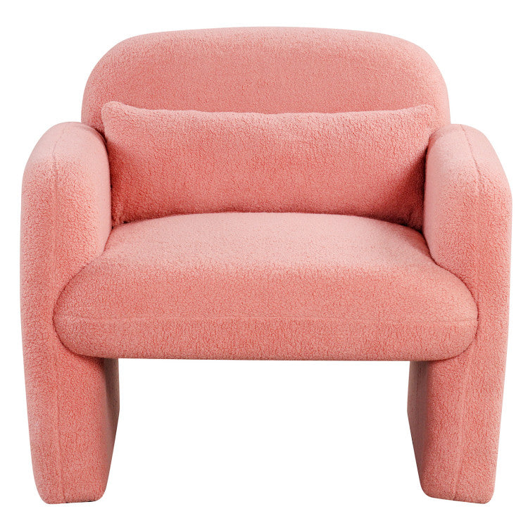 Modern accent chair in soft pink sherpa upholstery with ergonomic armrests, perfect for living rooms or offices.