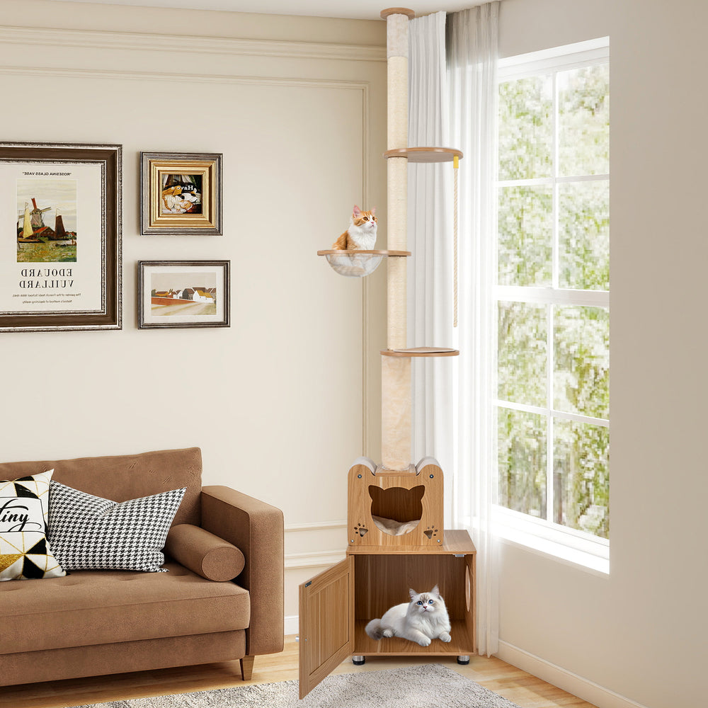 Adjustable 101-inch cat tree with litter box enclosure, two platforms, and sisal scratching posts for active cats.