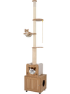 Cat tree with adjustable height, litter box enclosure, and two platforms for active play and comfort in brown finish.