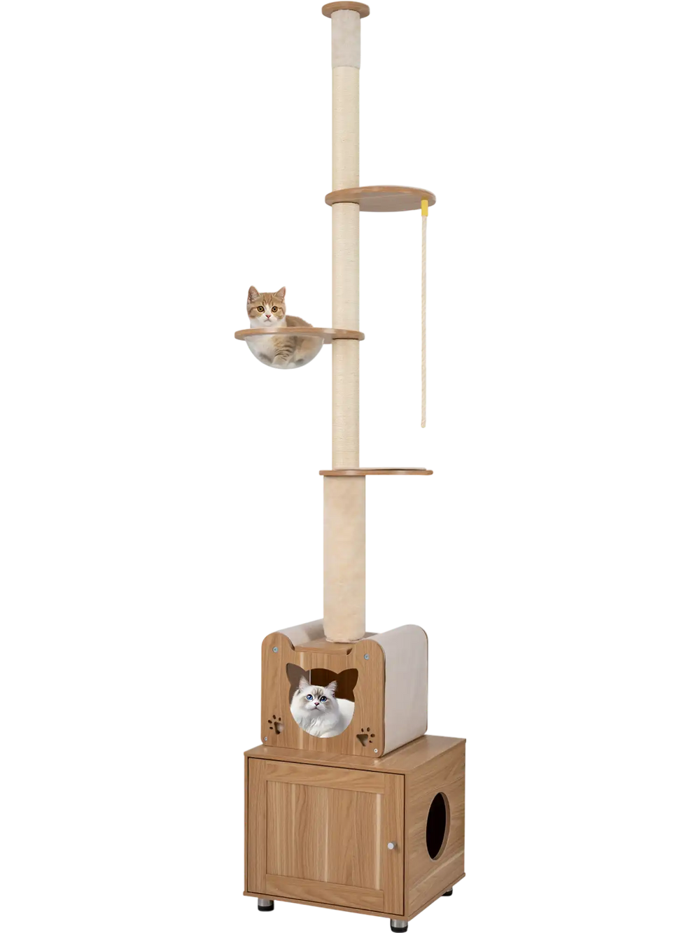 Cat tree with adjustable height, litter box enclosure, and two platforms for active play and comfort in brown finish.