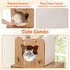 Cute condo with padded cushion and faux linen fabric for cat comfort, featuring a hallow claw design and litter box.