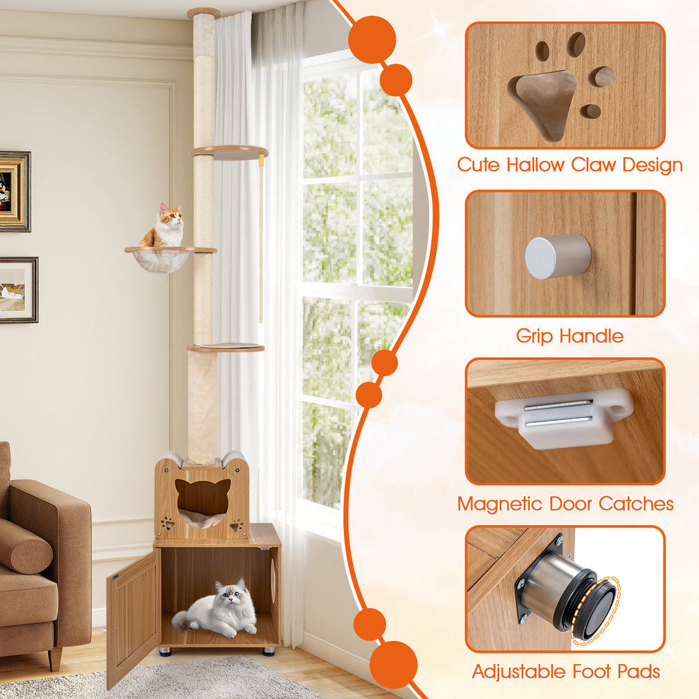 Height-adjustable 101-inch cat tree with litter box enclosure, sisal scratching posts, and cute claw design for pet.