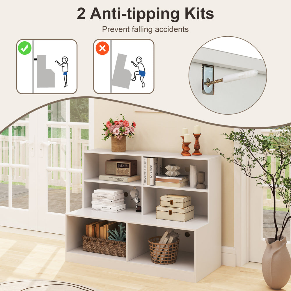 Entryway shoe cabinet in white with 4-cube storage, 2 anti-tipping kits, and spacious seat surface for shoe storage.