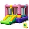 Inflatable bounce house with slide and basketball hoop, made of durable 420D oxford cloth, for indoor and outdoor fun.